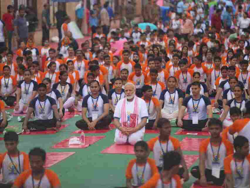 Prime Minister Narendra Modi of India performs yoga on International Day of Yoga of 2017